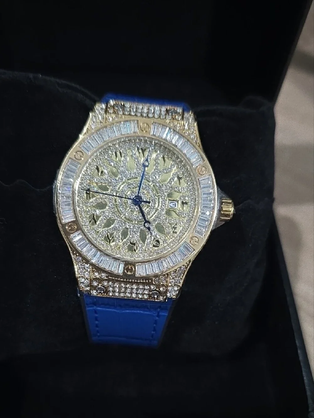 Gold Crystal Dial Men's Watch with Blue Strap